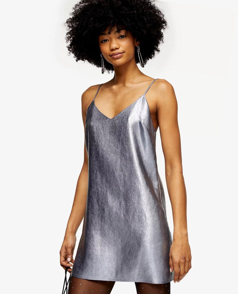 TOPSHOP - Đầm mini hai dây Silver Lame Mini