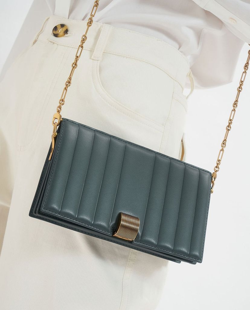 CHARLES & KEITH - Ví cầm tay nữ nắp gập Panelled Metallic Push Lock