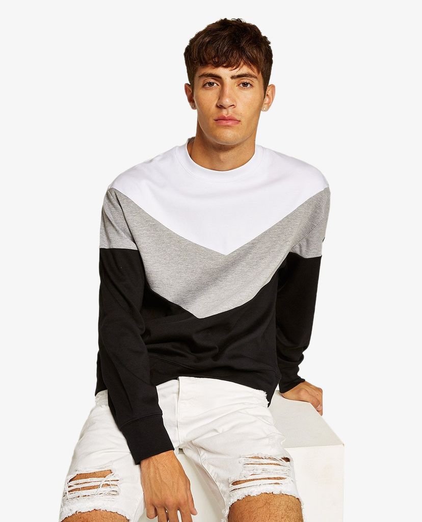 TOPMAN - Áo sweatshirt nam cổ tròn tay dài Black Chevron Panel