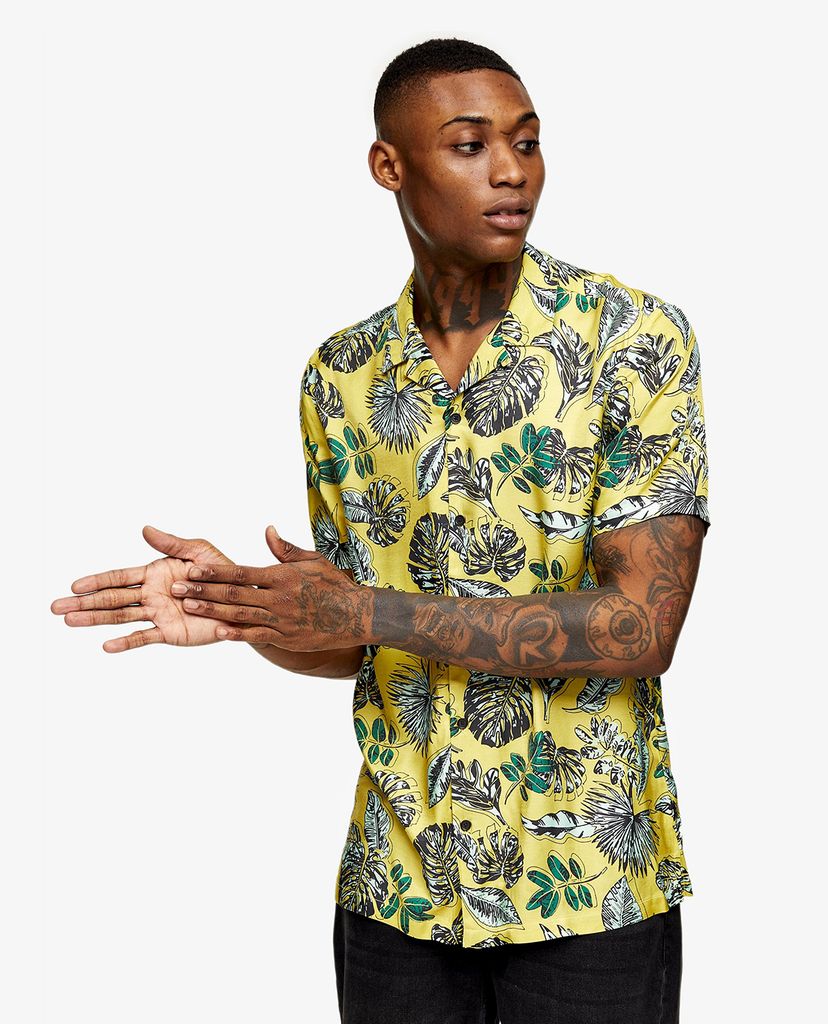 TOPMAN - Áo sơ mi nam tay ngắn Yellow Satin Leaf Print Slim