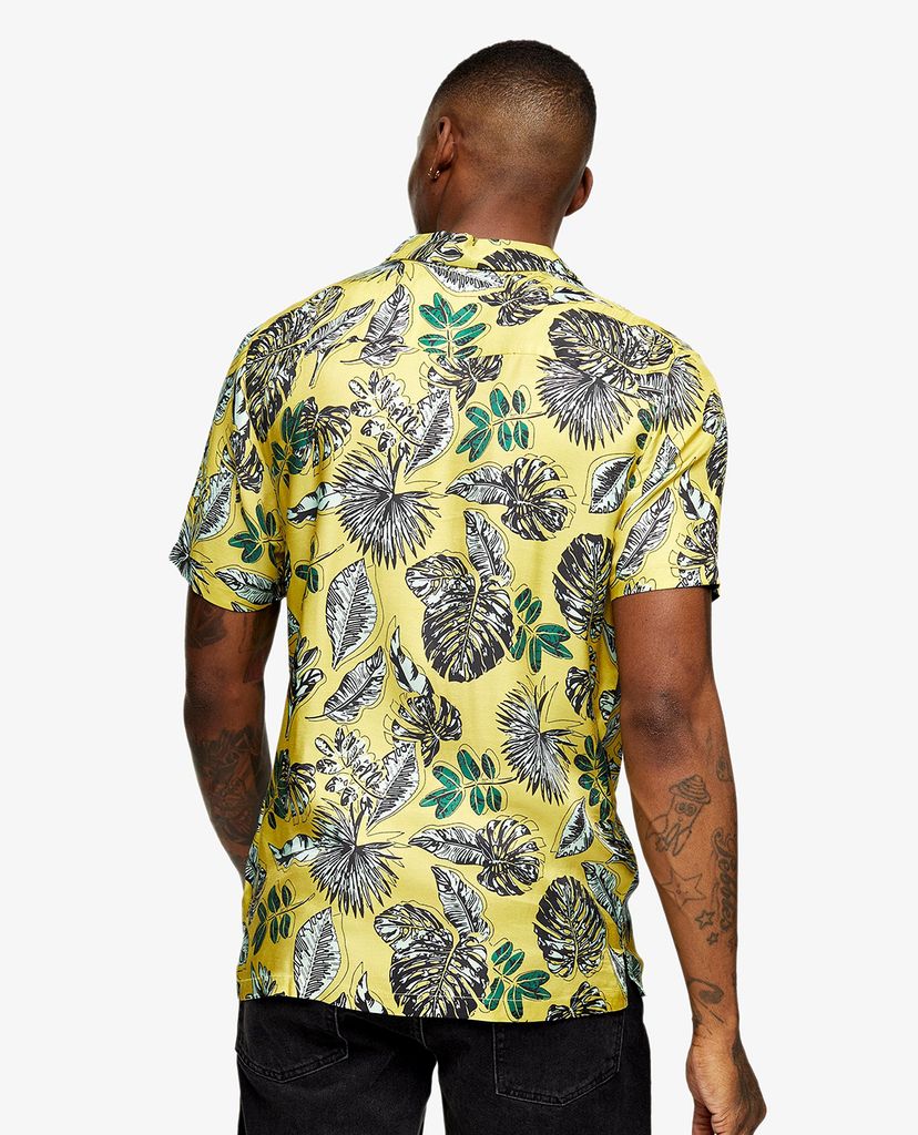 TOPMAN - Áo sơ mi nam tay ngắn Yellow Satin Leaf Print Slim