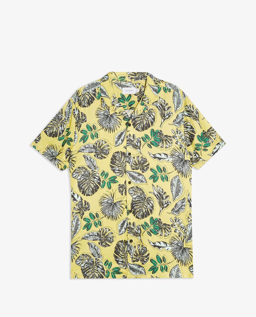 TOPMAN - Áo sơ mi nam tay ngắn Yellow Satin Leaf Print Slim