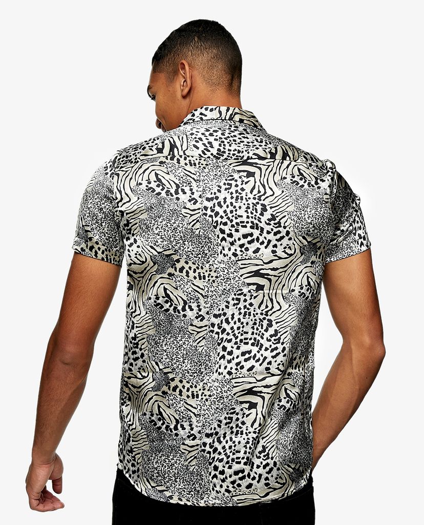 TOPMAN - Áo sơ mi nam ngắn tay Animal Print Satin Revere