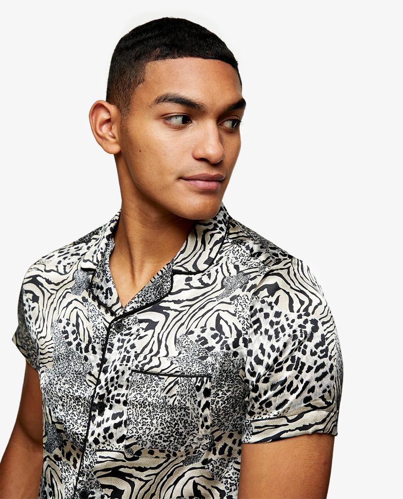TOPMAN - Áo sơ mi nam ngắn tay Animal Print Satin Revere