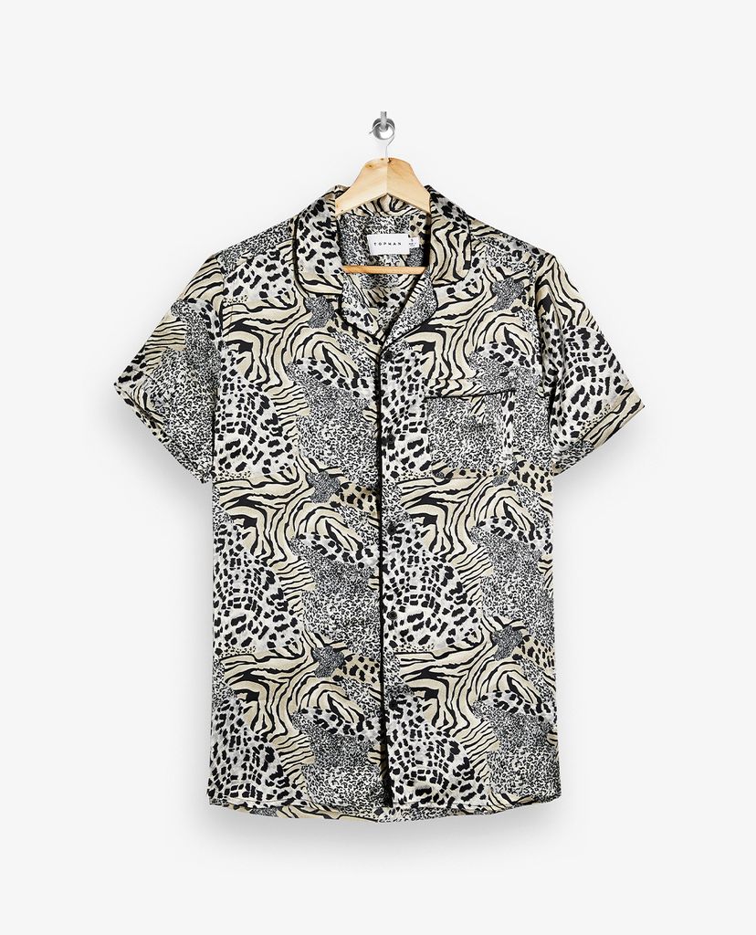 TOPMAN - Áo sơ mi nam ngắn tay Animal Print Satin Revere
