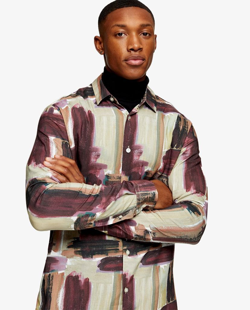 TOPMAN - Áo sơ mi nam tay dài cổ gập Abstract Paint Stroke Print