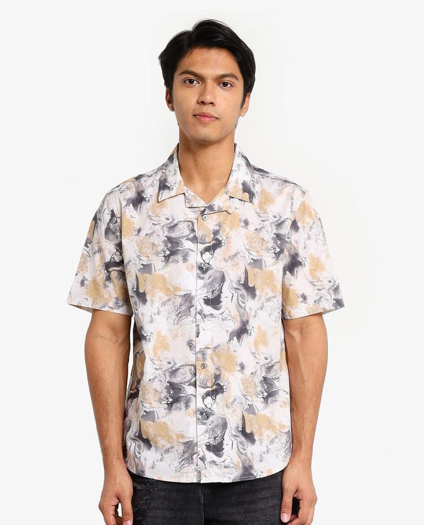 TOPMAN - Áo sơ mi nam tay ngắn cổ gập Marbled Print