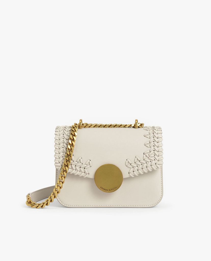 CHARLES & KEITH - Túi đeo vai nữ chữ nhật nắp gập phối chi tiết dệt thời trang