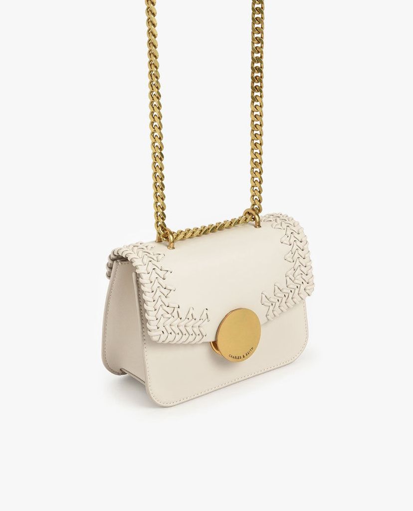 CHARLES & KEITH - Túi đeo vai nữ chữ nhật nắp gập phối chi tiết dệt thời trang