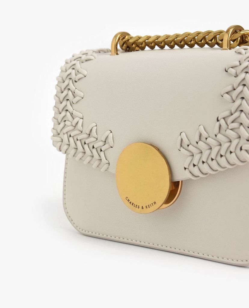 CHARLES & KEITH - Túi đeo vai nữ chữ nhật nắp gập phối chi tiết dệt thời trang
