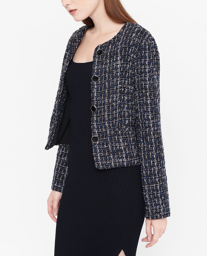 GIGI - Áo khoác nữ cổ tròn phối nút Boxy tweed