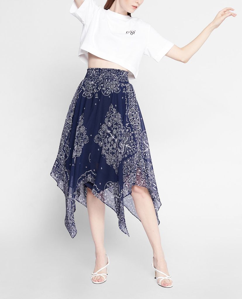 GIGI - Chân váy midi lưng thun Blue Pattern