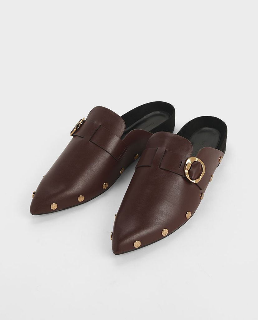 CHARLES & KEITH - Giày mules nữ mũi nhọn Hammered Buckle Stud Trim