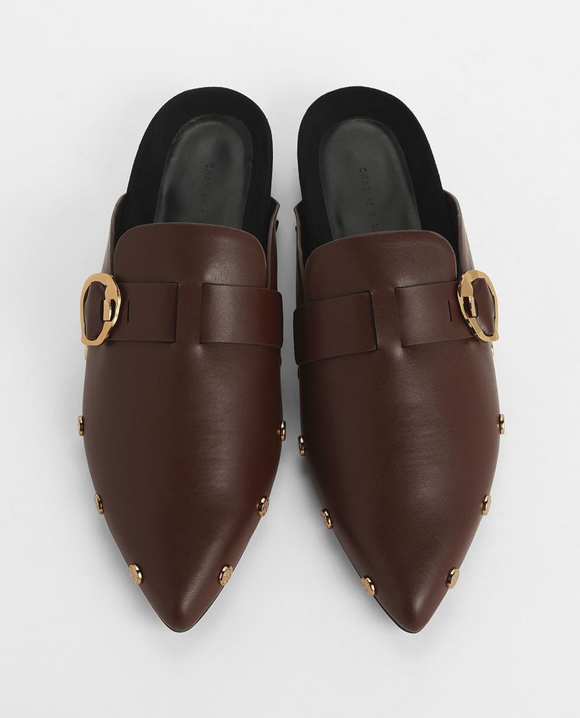 CHARLES & KEITH - Giày mules nữ mũi nhọn Hammered Buckle Stud Trim