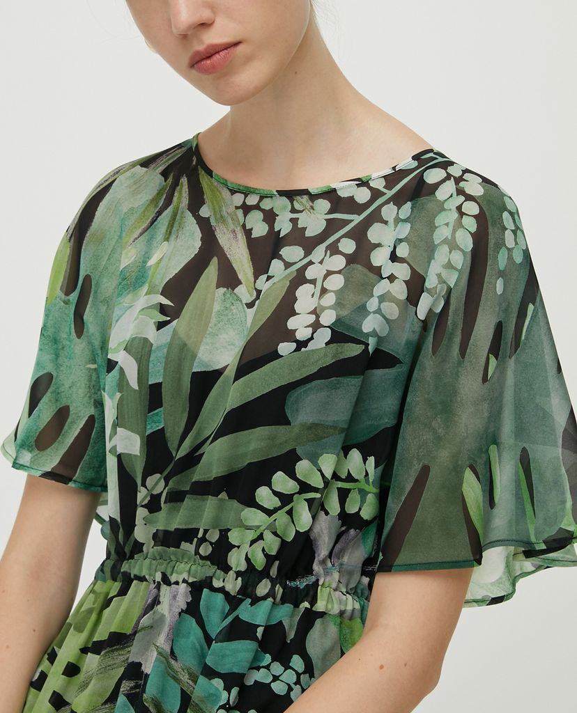 MAX&Co. - Đầm midi cổ tròn tay ngắn Silk Georgette
