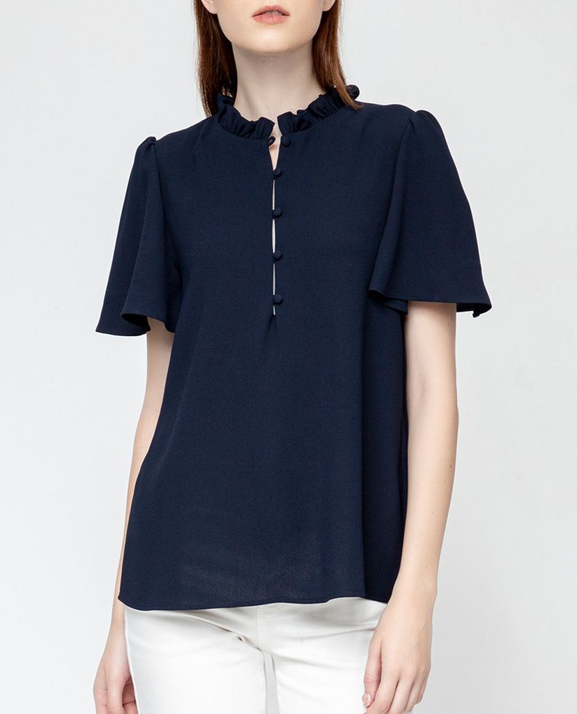 GIGI - Áo kiểu nữ cổ cao tay ngắn Flutter Sleeves Henley