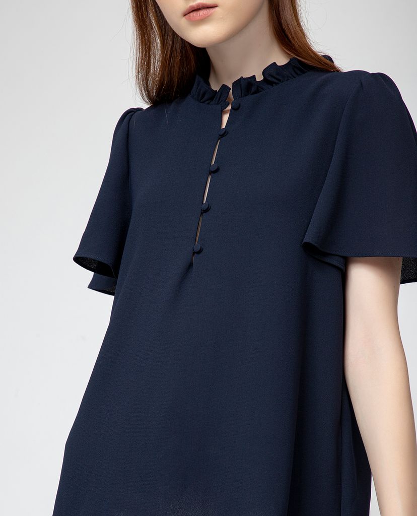 GIGI - Áo kiểu nữ cổ cao tay ngắn Flutter Sleeves Henley