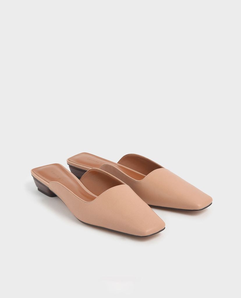 CHARLES & KEITH - Giày đế bệt Square Toe Stacked Heel Mules