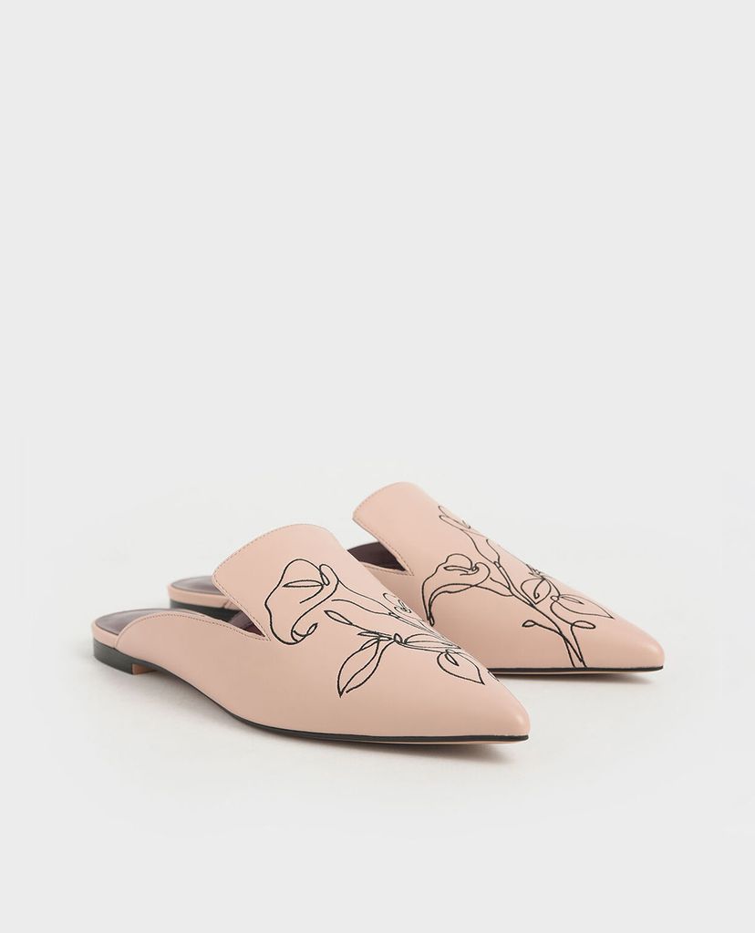 CHARLES & KEITH - Giày đế bệt Floral Embroidered Pointed Toe