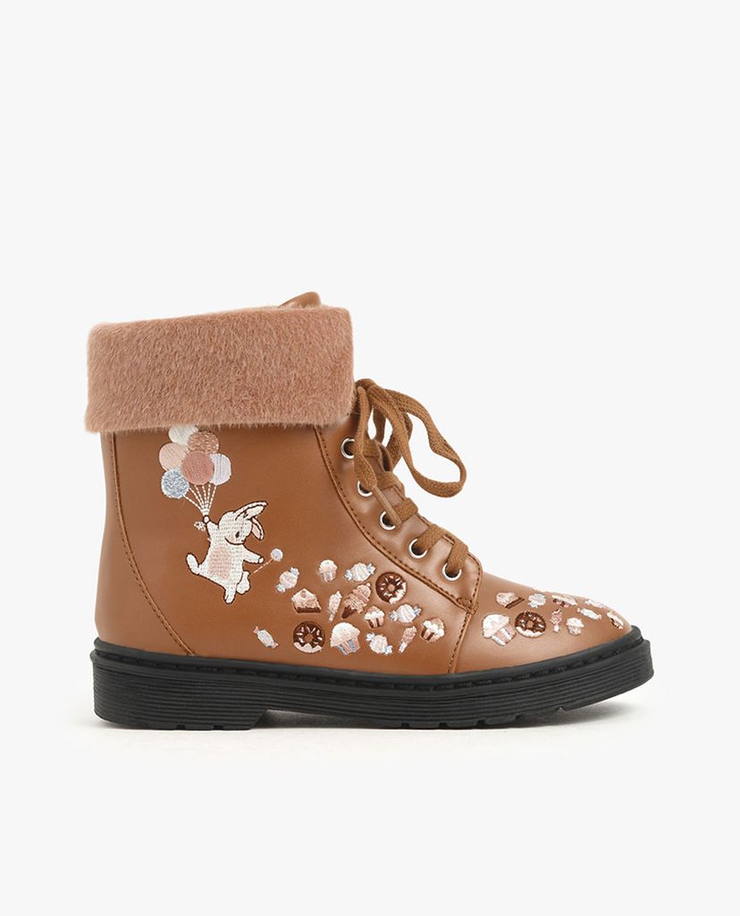 CHARLES & KEITH - Giày boots nữ Furry Cuff Embroidered