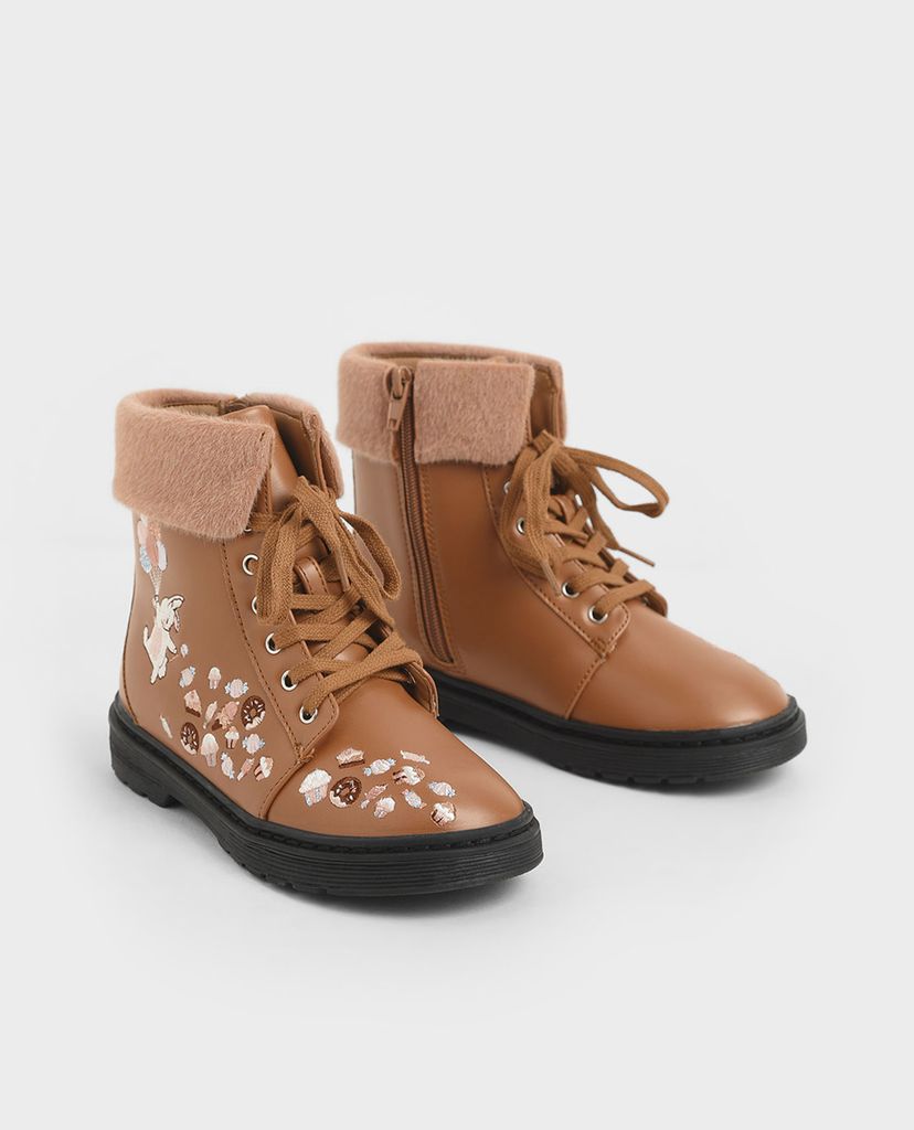 CHARLES & KEITH - Giày boots nữ Furry Cuff Embroidered