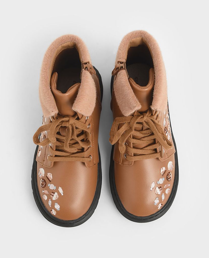 CHARLES & KEITH - Giày boots nữ Furry Cuff Embroidered
