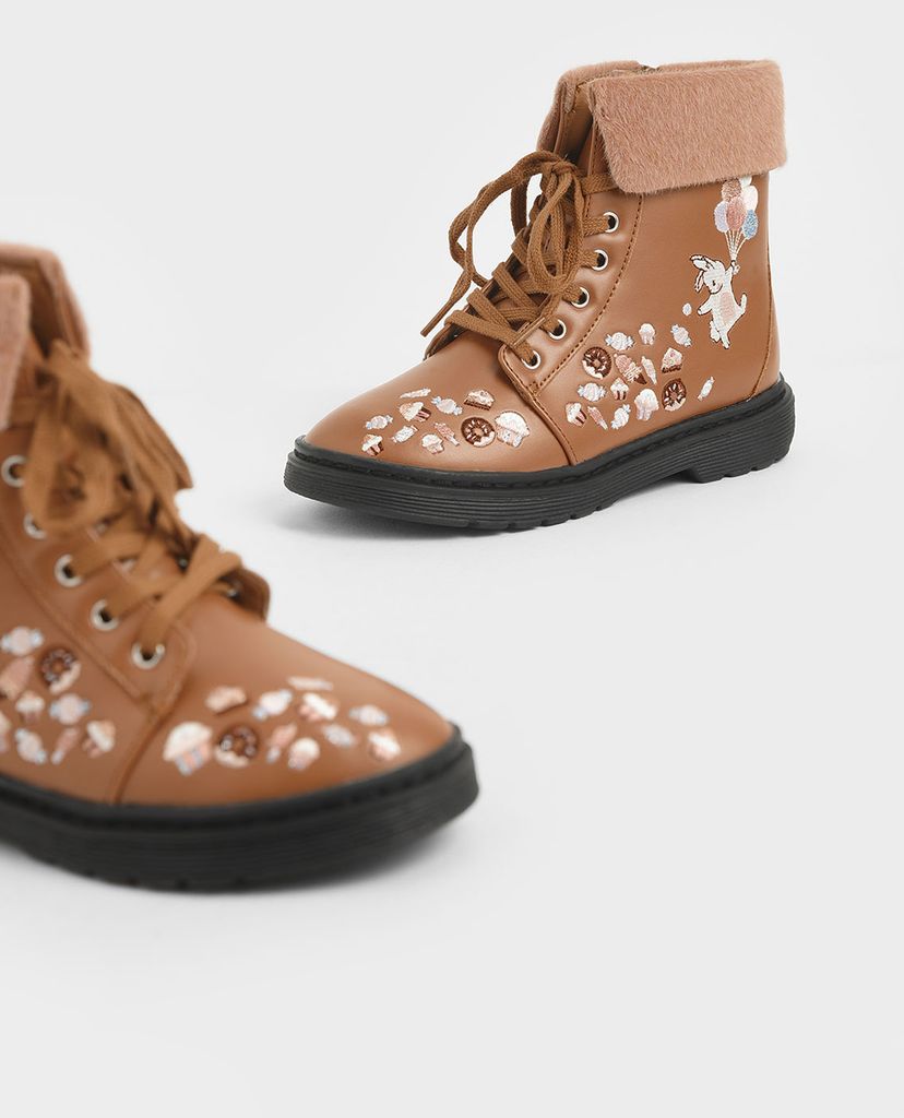 CHARLES & KEITH - Giày boots nữ Furry Cuff Embroidered