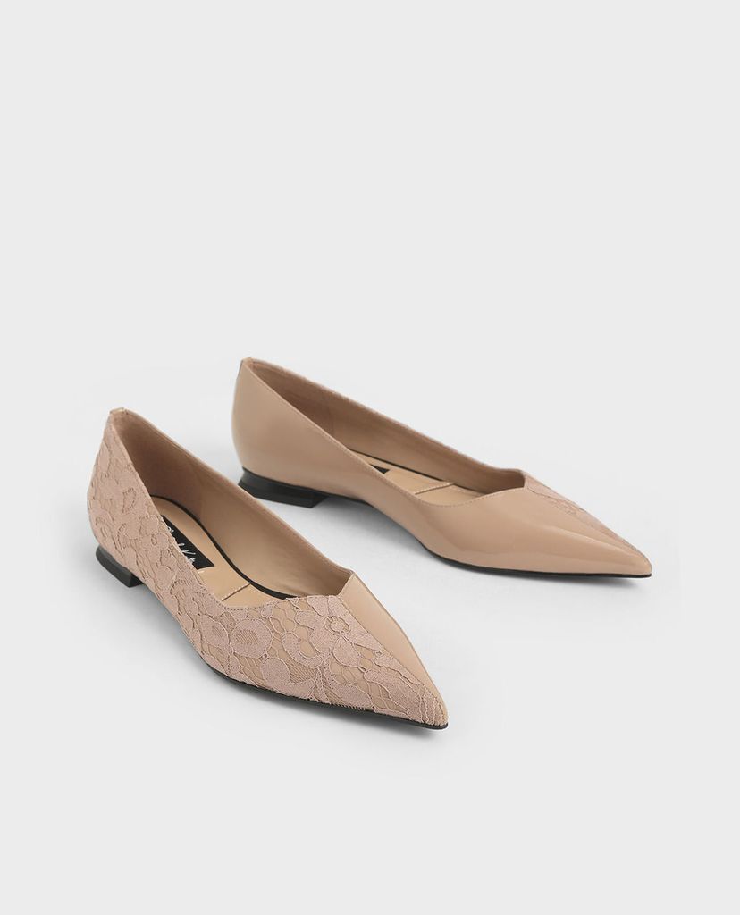 CHARLES & KEITH - Giày đế bệt nữ mũi nhọn Patent Leather Lace Ballerina