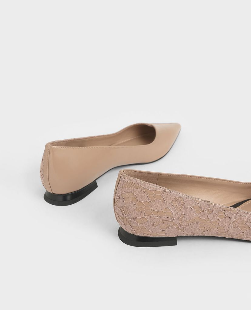CHARLES & KEITH - Giày đế bệt nữ mũi nhọn Patent Leather Lace Ballerina