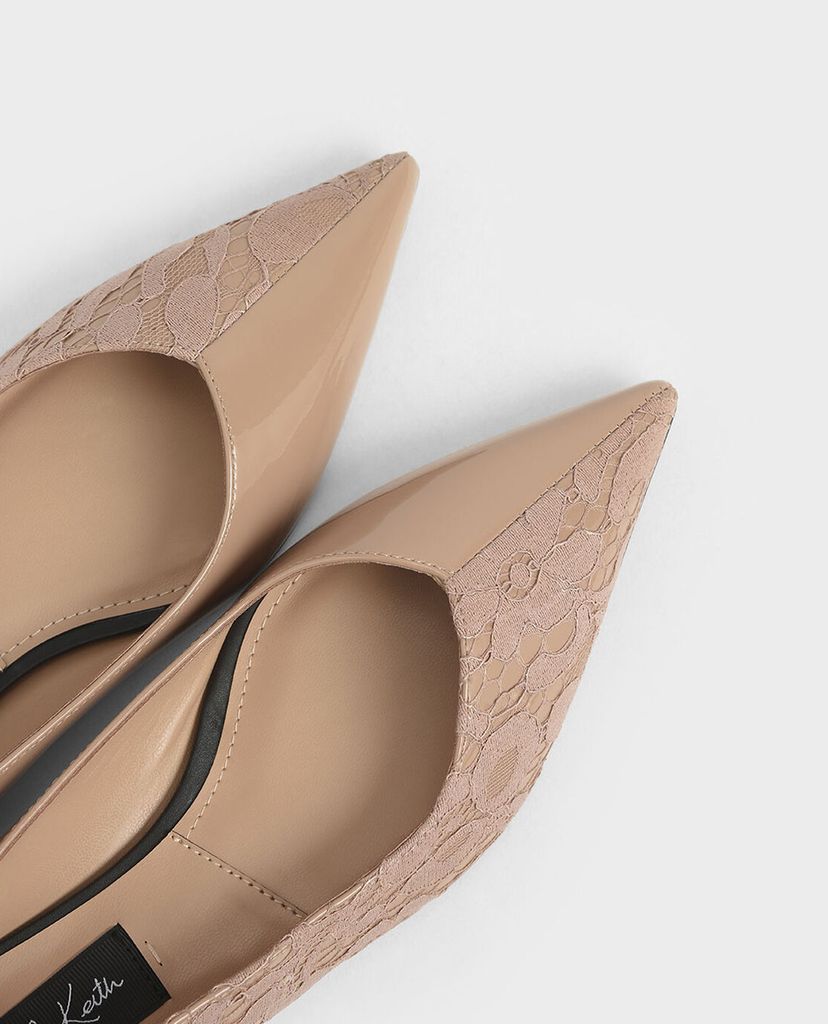 CHARLES & KEITH - Giày đế bệt nữ mũi nhọn Patent Leather Lace Ballerina