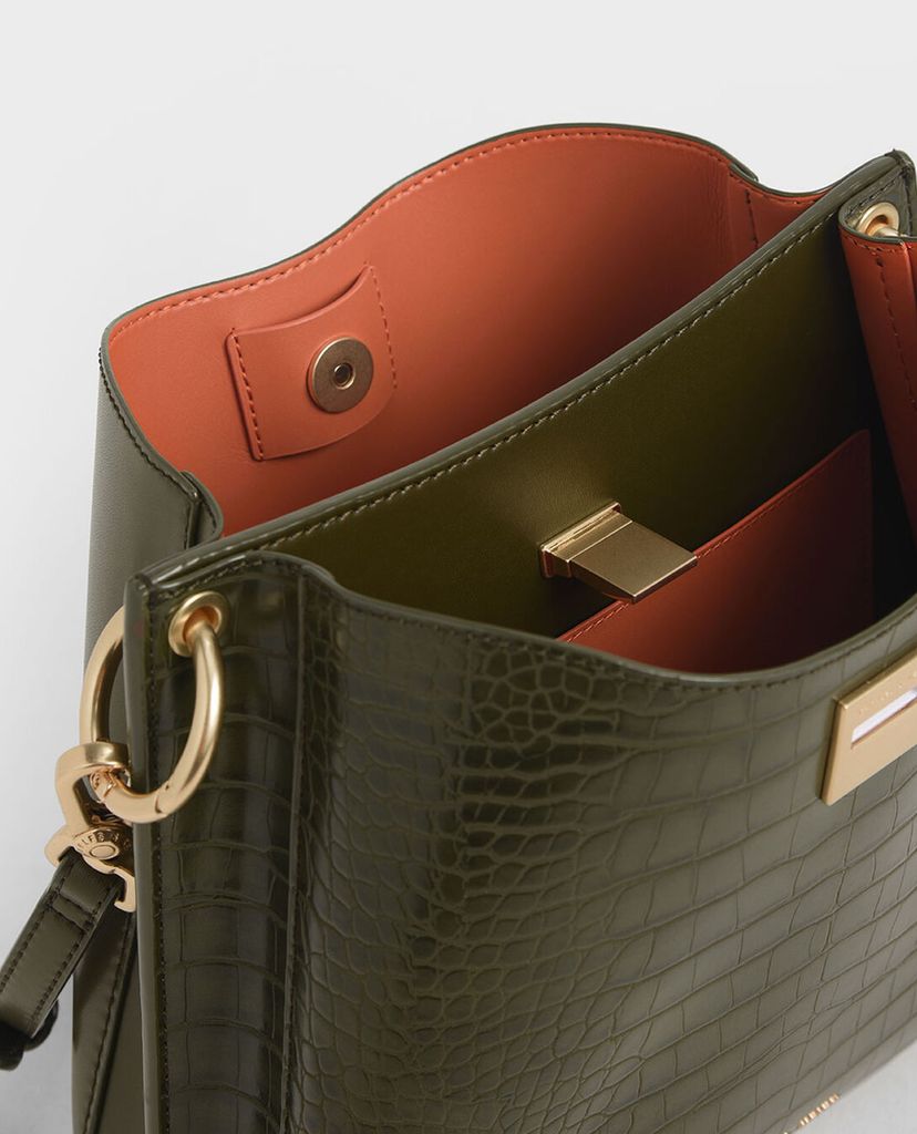 CHARLES & KEITH - Túi đeo vai nữ chữ nhật Croc Effect Bucket