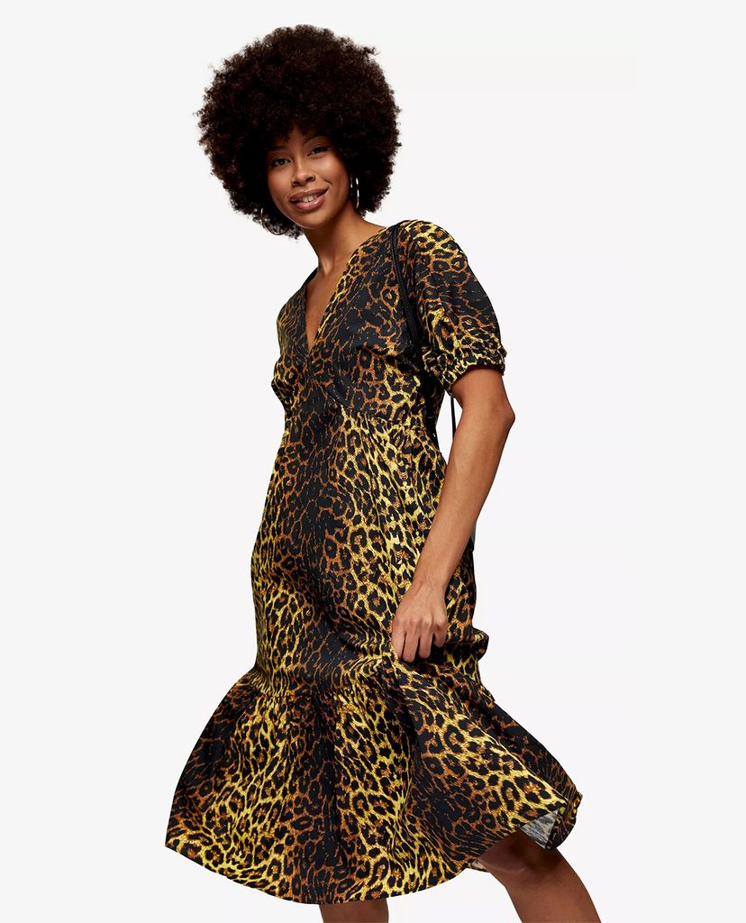 TOPSHOP - Đầm midi cổ V tay ngắn Leopard Print Pop Bow