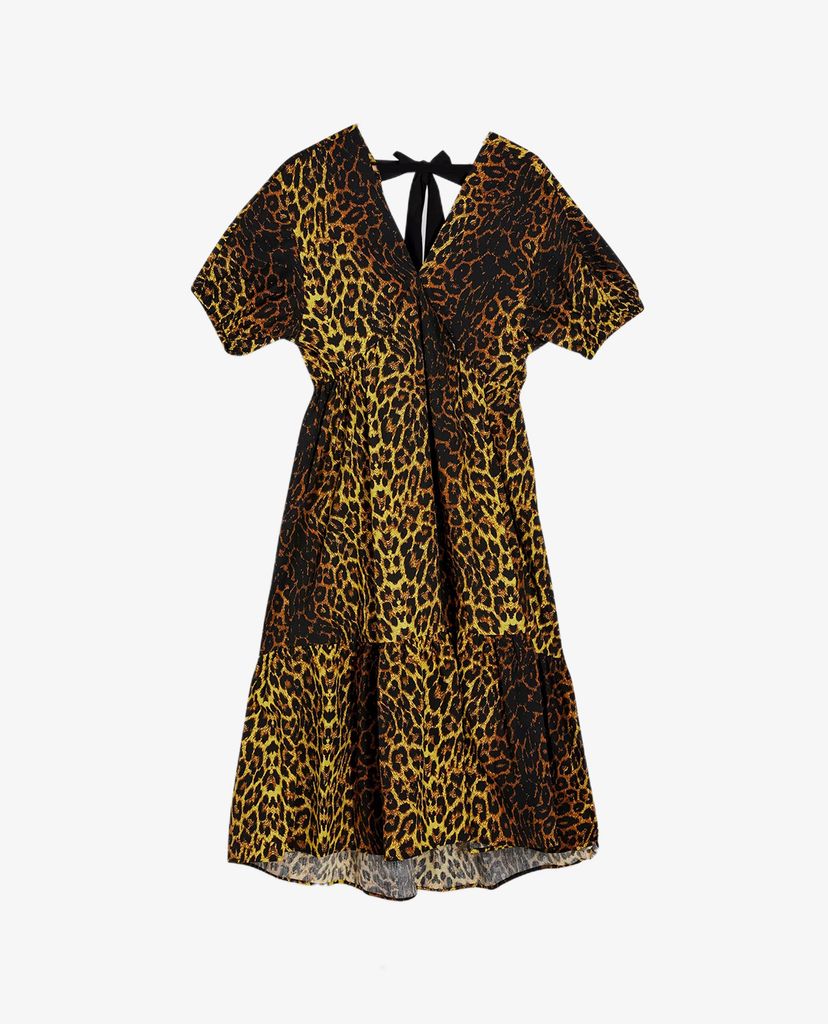 TOPSHOP - Đầm midi cổ V tay ngắn Leopard Print Pop Bow
