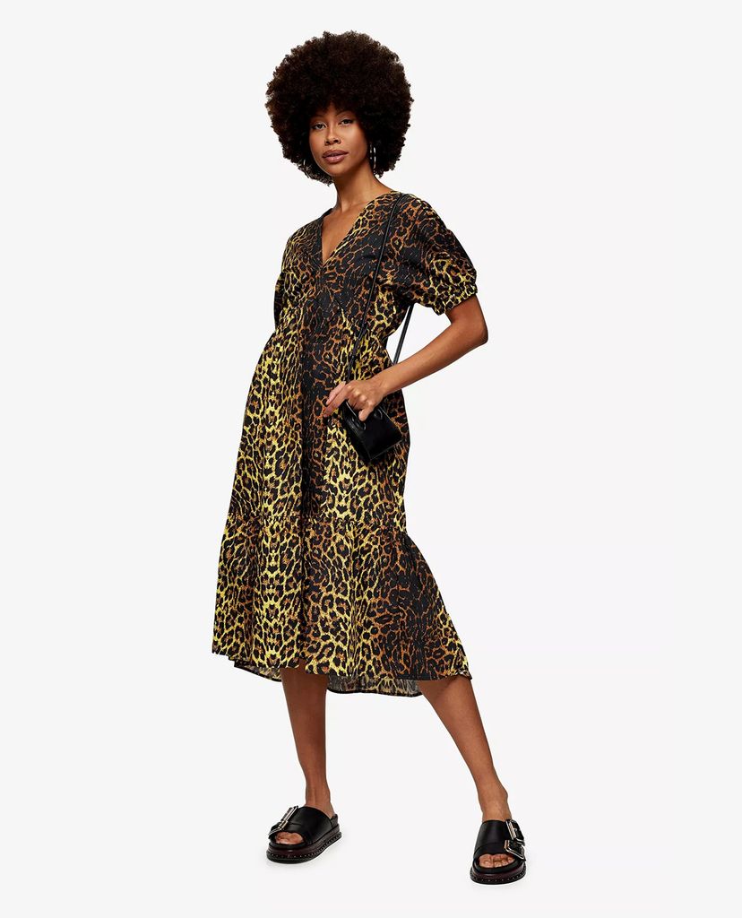 TOPSHOP - Đầm midi cổ V tay ngắn Leopard Print Pop Bow