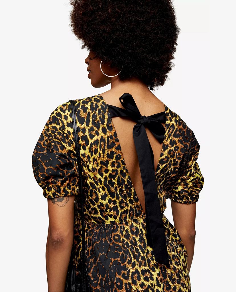 TOPSHOP - Đầm midi cổ V tay ngắn Leopard Print Pop Bow