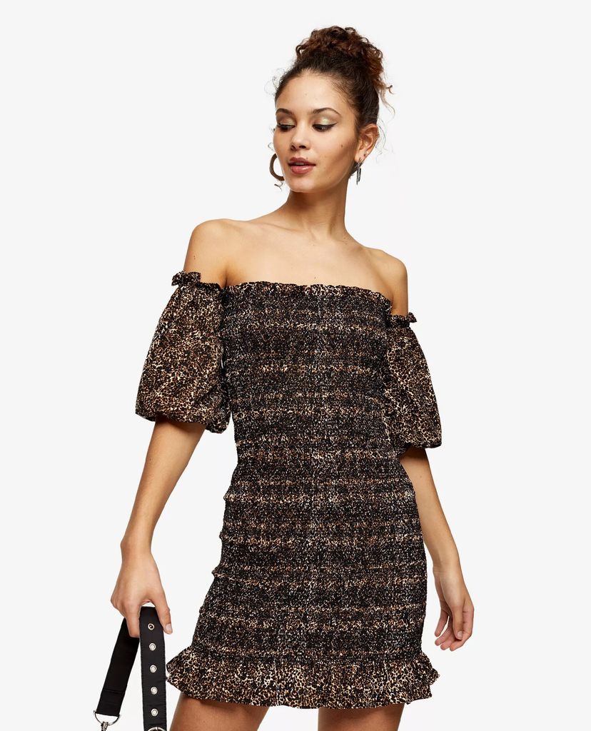 TOPSHOP - Đầm mini bẹt vai Leopard Print Shirred Bardot