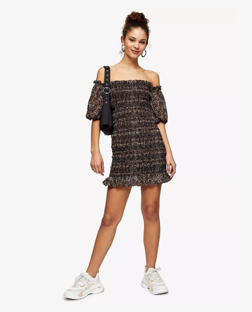 TOPSHOP - Đầm mini bẹt vai Leopard Print Shirred Bardot