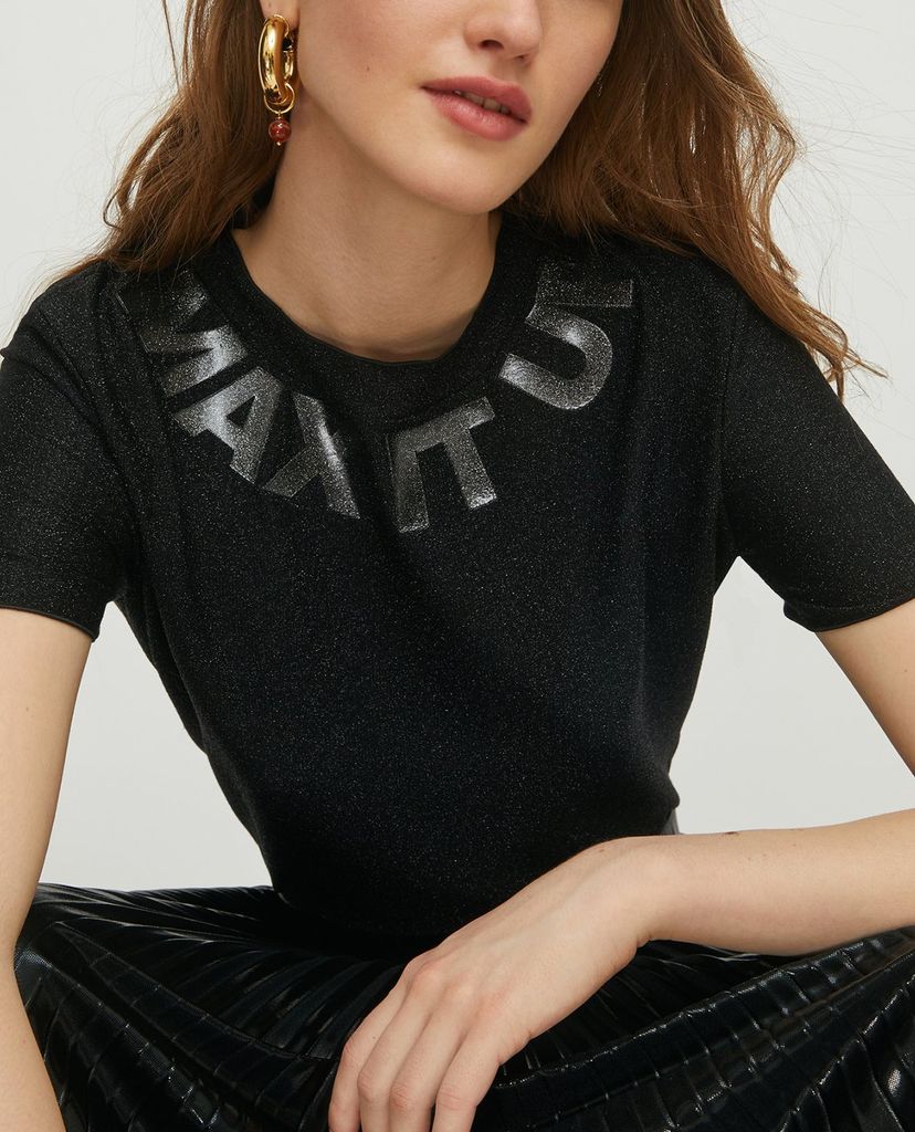 MAX&Co. - Áo thun nữ cổ tròn tay ngắn Jersey Lamé Slogan