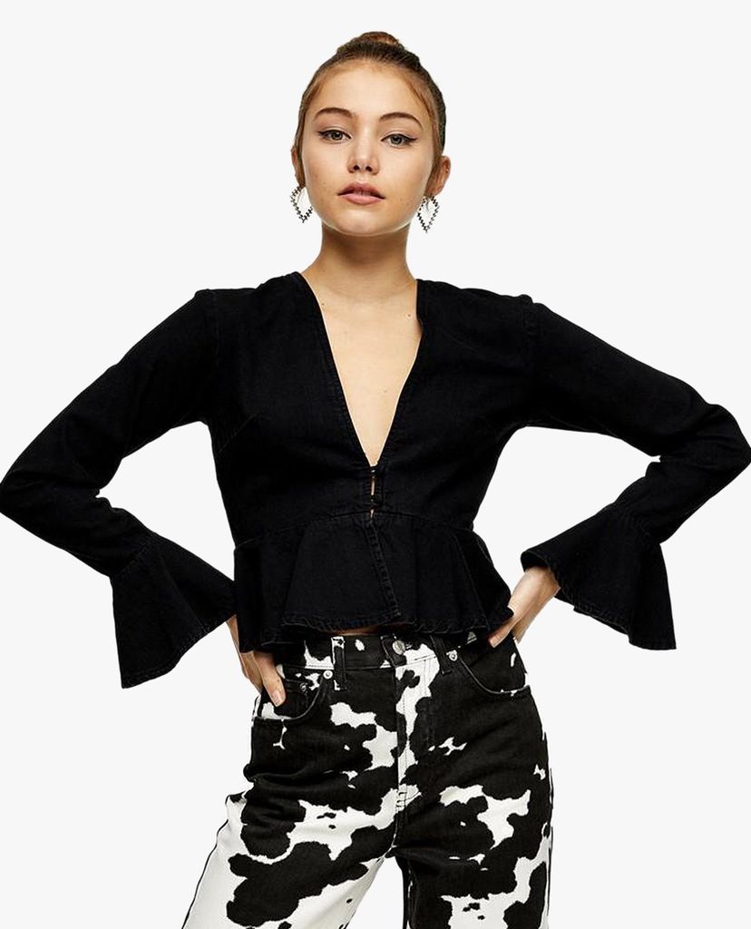 TOPSHOP - Áo kiểu nữ tay dài phối bèo Black Soft Denim Peplum