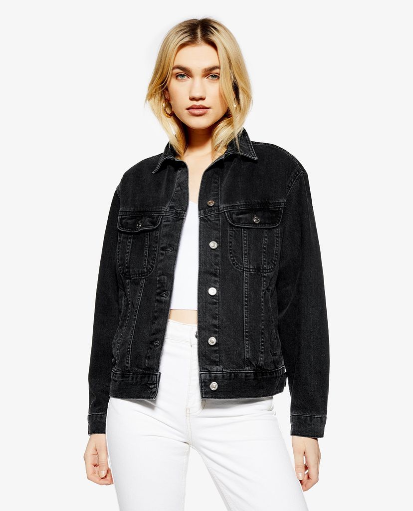 TOPSHOP - Áo khoác jeans nữ cổ gập Washed Black Oversized