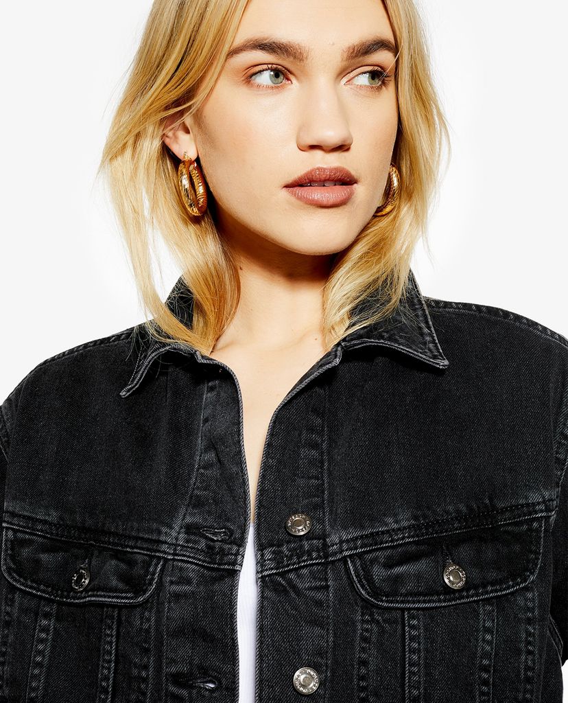 TOPSHOP - Áo khoác jeans nữ cổ gập Washed Black Oversized