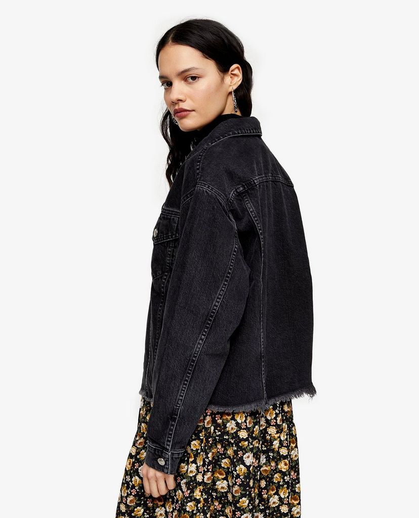 TOPSHOP - Áo khoác denim nữ cổ bẻ tay dài Raw Hem Oversized Washed Black