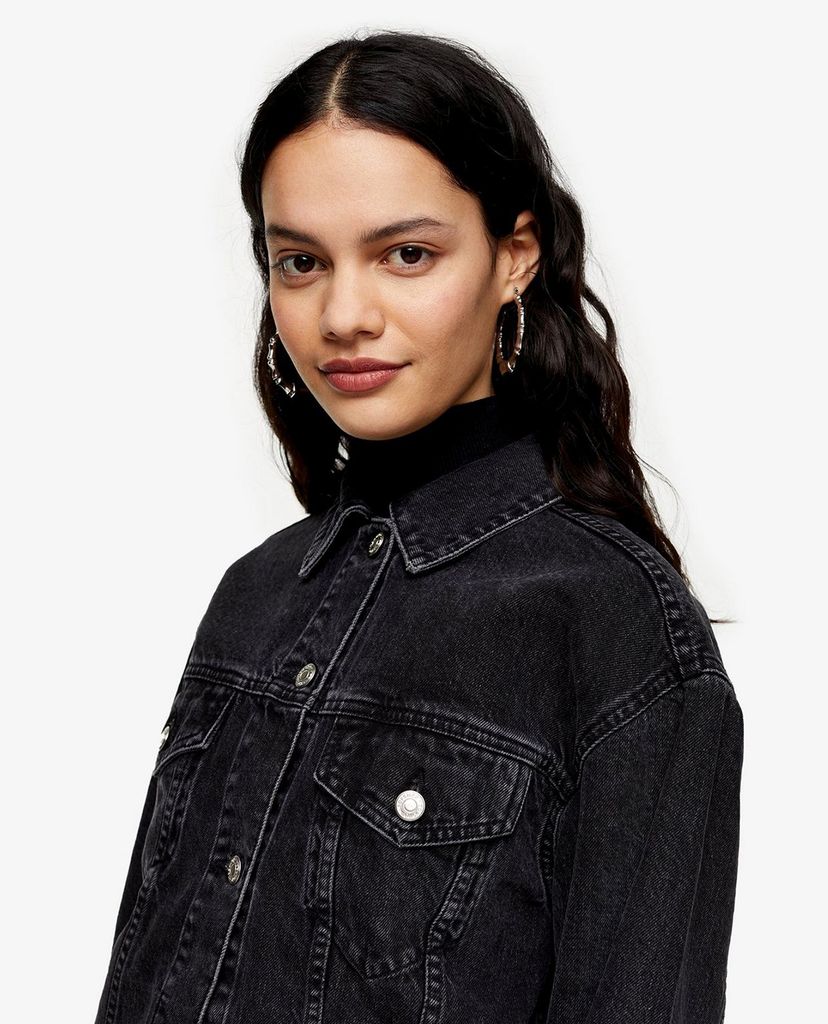 TOPSHOP - Áo khoác denim nữ cổ bẻ tay dài Raw Hem Oversized Washed Black
