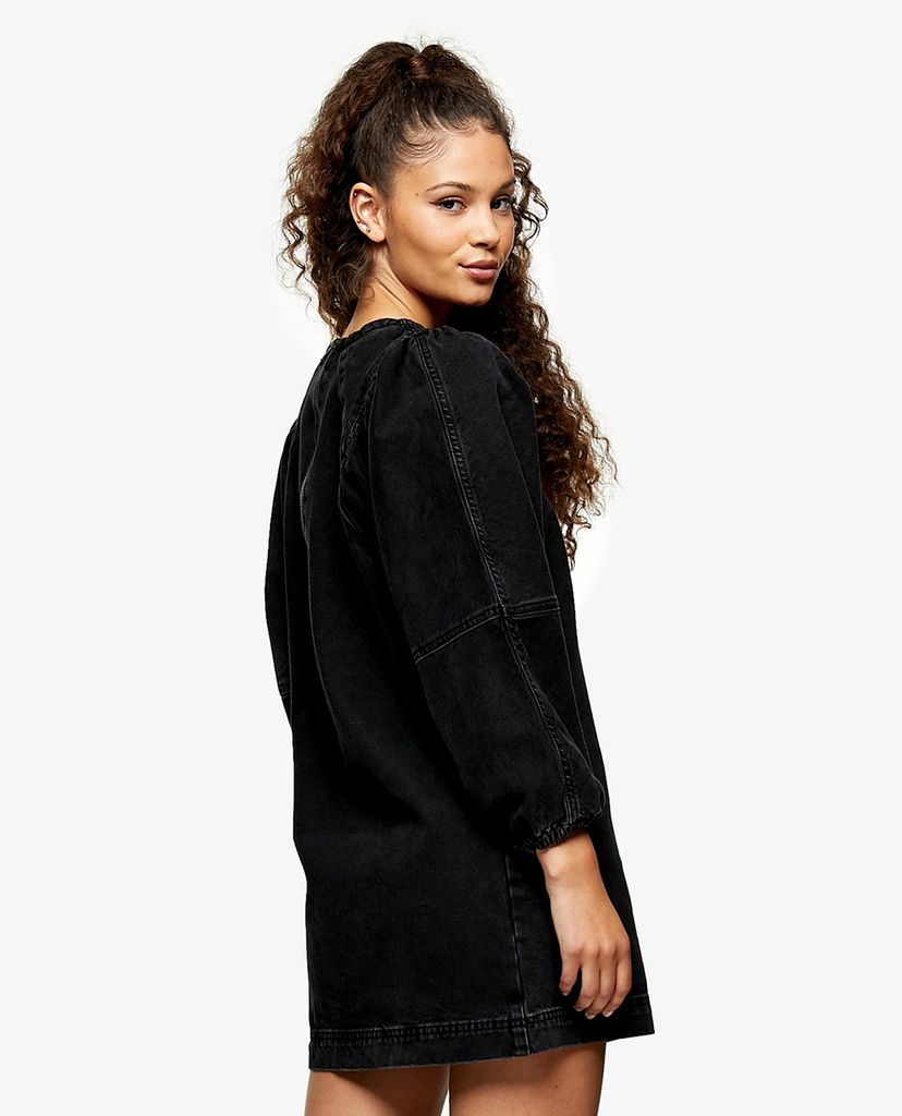 TOPSHOP - Đầm mini tay phồng Washed Black Denim Puff Sleeve