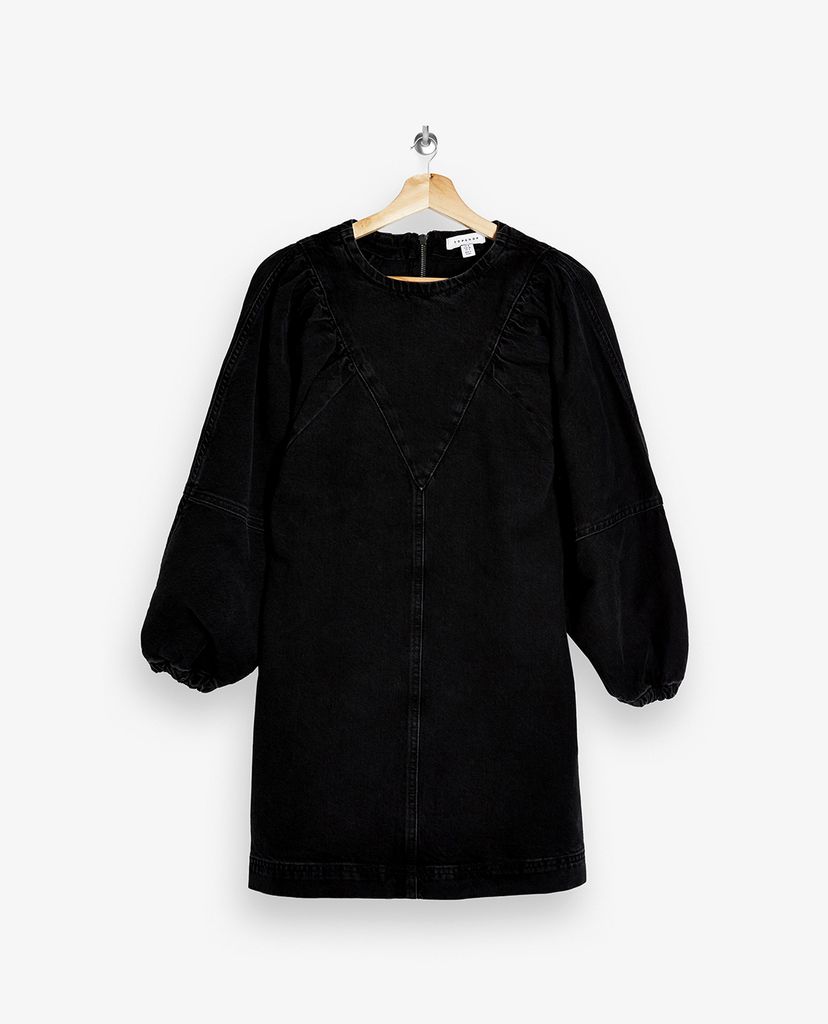 TOPSHOP - Đầm mini tay phồng Washed Black Denim Puff Sleeve