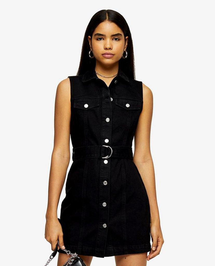 TOPSHOP - Đầm mini denim cổ bẻ Black Button Sleeveless