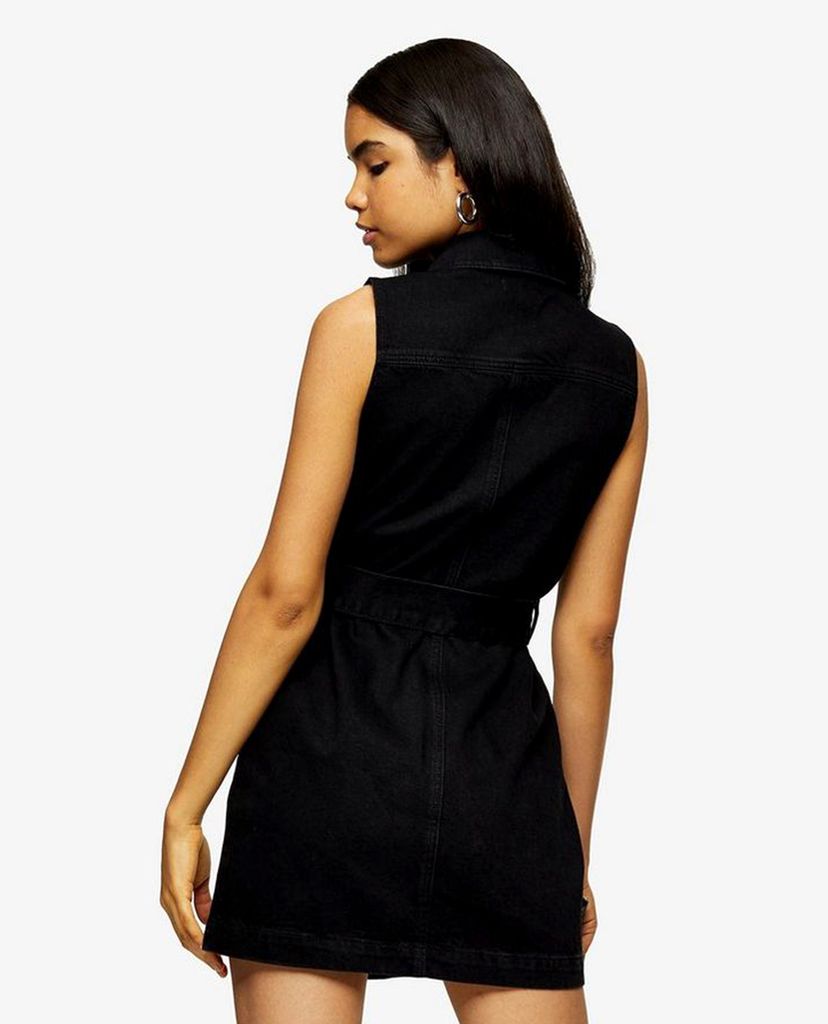 TOPSHOP - Đầm mini denim cổ bẻ Black Button Sleeveless