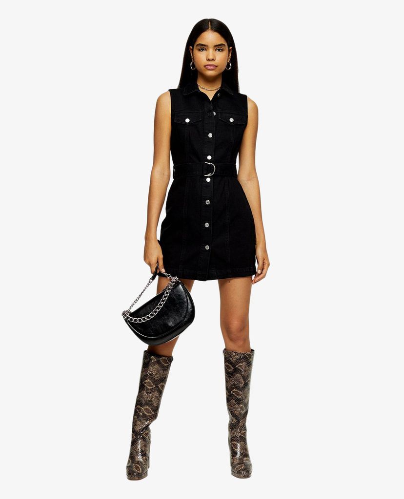 TOPSHOP - Đầm mini denim cổ bẻ Black Button Sleeveless