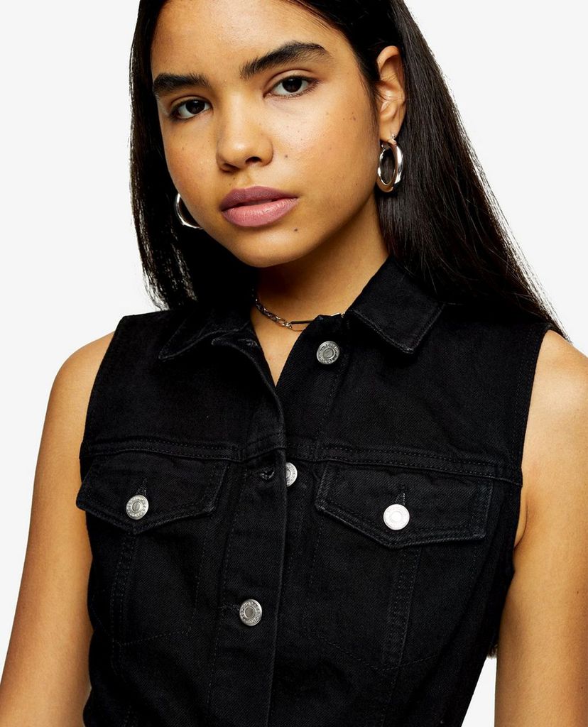 TOPSHOP - Đầm mini denim cổ bẻ Black Button Sleeveless