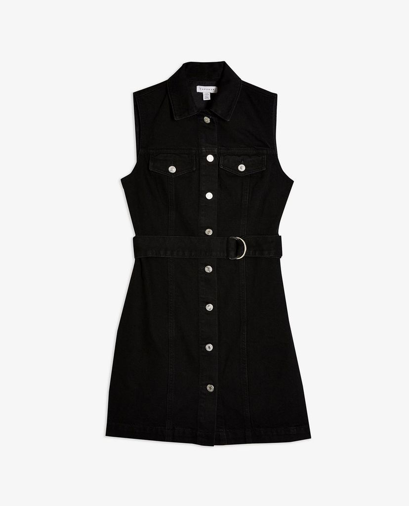 TOPSHOP - Đầm mini denim cổ bẻ Black Button Sleeveless